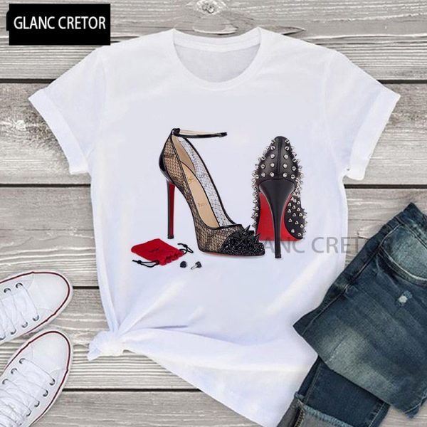2021 Summer Short Sleeve Tee Shirt Femme Clothing Fashion Women Tshirt High Heel Shoes White T Shirt Tops Print Tshirt Female