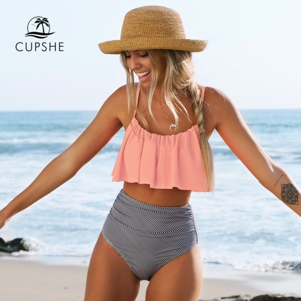 CUPSHE Pink and Stripe High Waisted Bikini Sets Sexy Tank Top Swimsuit Two Pieces Swimwear Women 2021 New Beach Bathing Suits