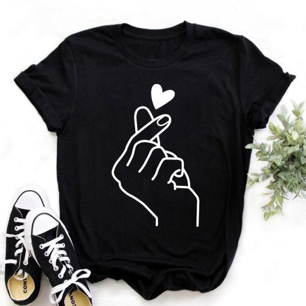 ZOGANKIN Women's T-shirt Short Sleeve T shirt Female Heart Gesture Print Black Shirts Girls Summer Fashion Clothes
