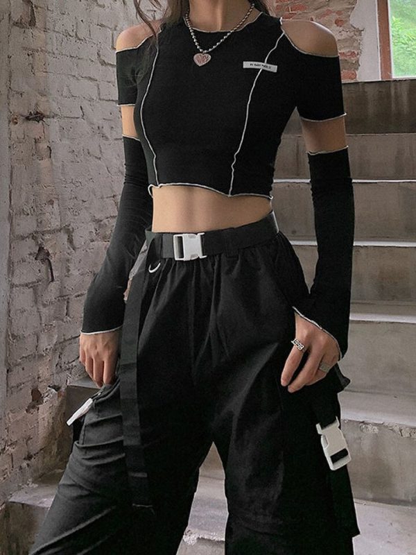 HOUZHOU Goth Black T-shirts Techwear Cyber Y2k Crop Top Kpop Harajuku Hippie Women Tee Gothic Dark E-girl Streetwear Tshirt Alt